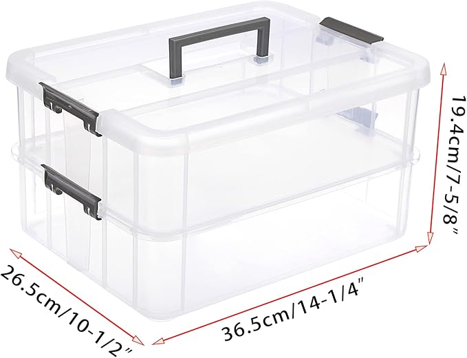 JUXYES 2-Tiers Stack Carry Storage Box With Handle, Transparent Stackable Storage Bin With Handle Lid Latching Storage Container for School & Office Supplies
