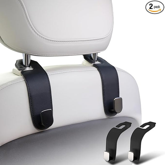 Car Headrest Hook, 2 Pack Leather Car Seat Hooks for Purses and Bags, Car Organization Accessories (Black)