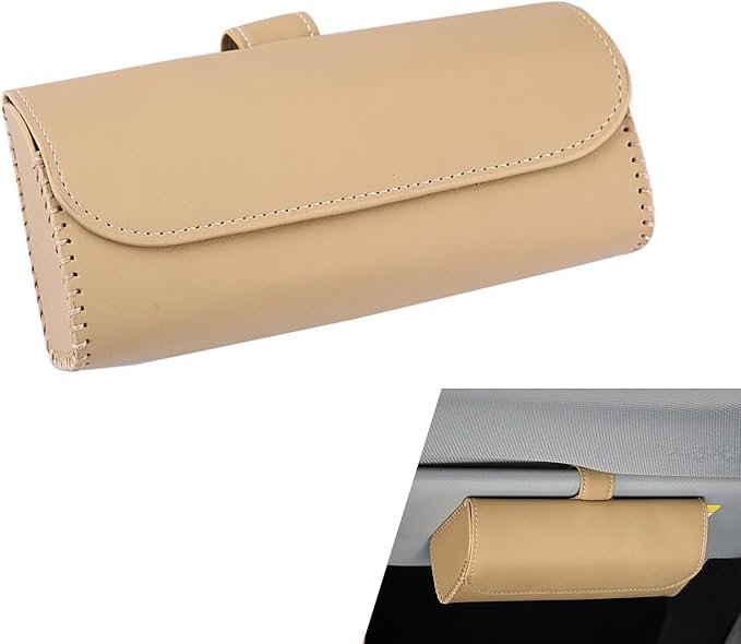 Sunglasses Holder for Car Sun Visor, PU Leather Visor Sunglasses Holder, Auto Eyeglasses Protective Storage Case, Universal Cars Sunvisor Accessories Organizer Box for Sedan, SUV, Van (Beige)