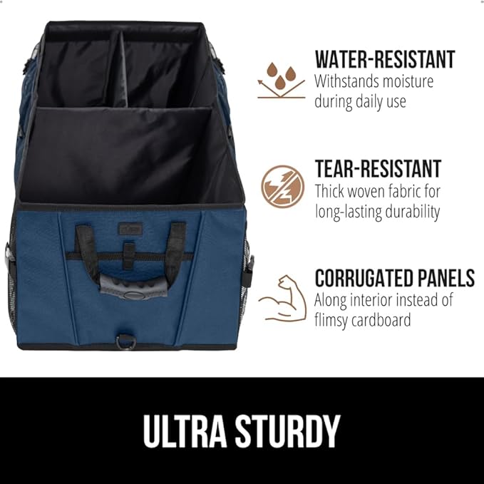 GORILLA GRIP Large Capacity Sturdy Trunk Storage Organizer, Slip and Water Resistant Collapsible Organization Container for Car Sedan or SUV, Multi Compartment Box Vehicle Accessories, Blue