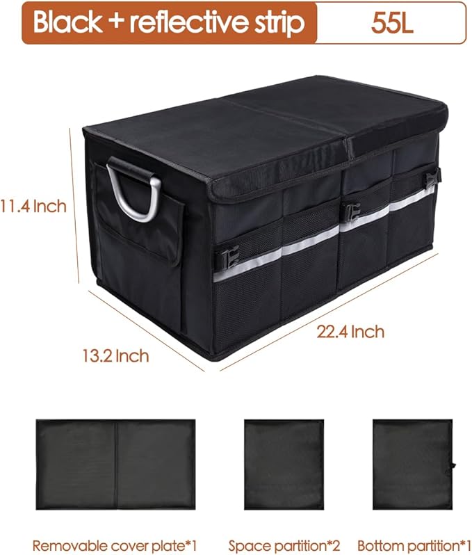 Trunk Organizer With Lid,Medium,Black 55L,For SUV Car Truck,Collapsible Waterproof Oxford Fabric,Portable Multipurpose sorting,3-Compartments with Aluminium Alloy Handle
