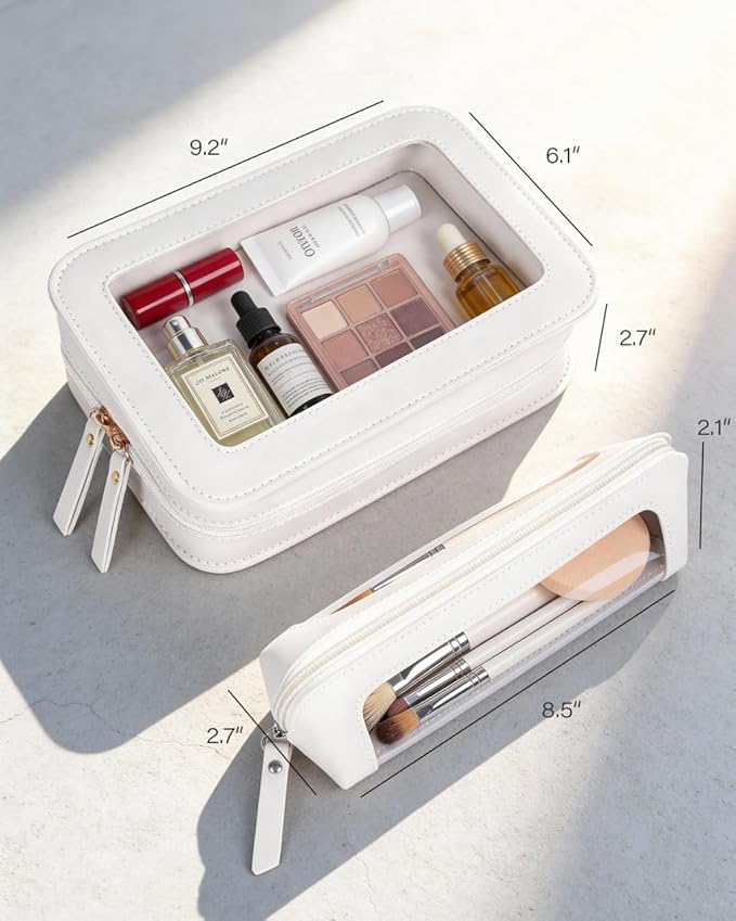 LETGO 2Pack Clear Makeup Bags Set,Portable Makeup Brush Bag,Portable Leather Travel Toiletry Bag Car Eessntials for Women (White)