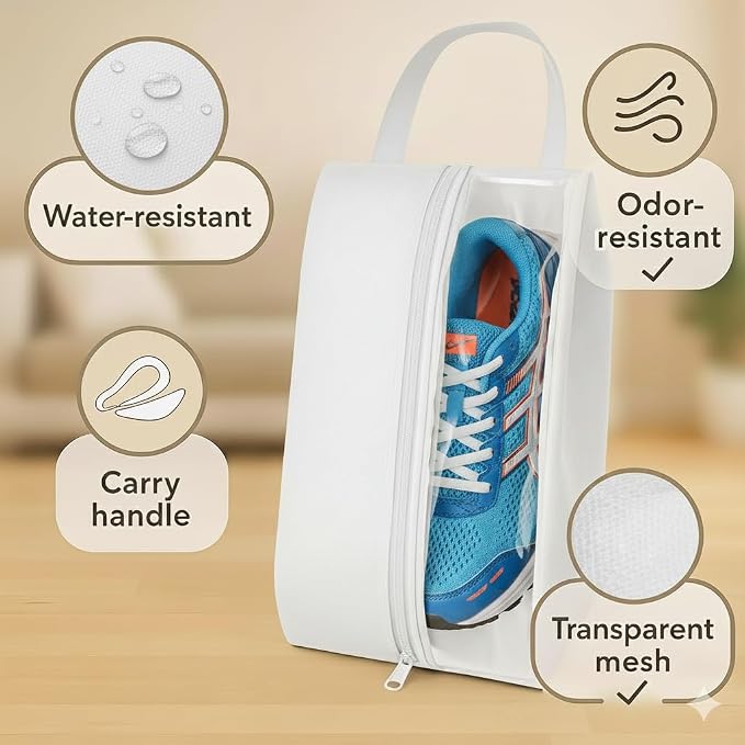 Shoe Bag for Travel Water Resistant Shoe Organizer with Transparent PVC Window, Carry Handle, Heavy-Duty Zipper, Fits Men's Size 11, for Golf, Gym, Sports & Soccer Cleats- White