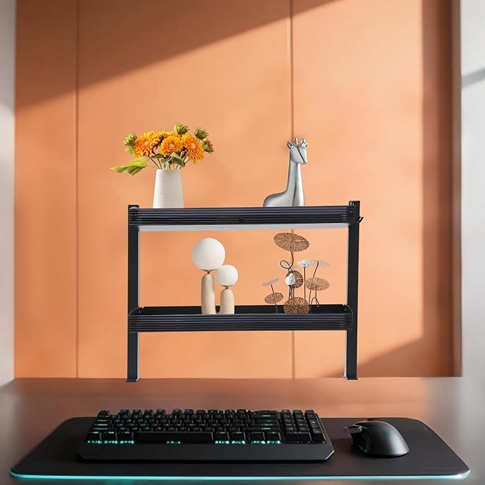 2-Tier Clamp-on Desk Shelving Unit, Adjustable Metal Storage Tray Desk Shelf, Space-Saving Desktop Organizer for Gaming Devices, Office Supplies and Dresser Top Storage, Ideal for Office, Study