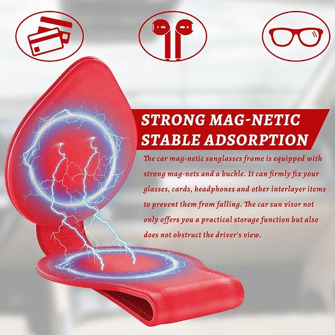 Sunglasses Holders for Car Visor, PU Leather Car Organizer, Magnetic Glasses Holder and Ticket Card Clip, Multi-Functional Auto Sun Visor Eyeglass Holder for Most Vehicles (Red)