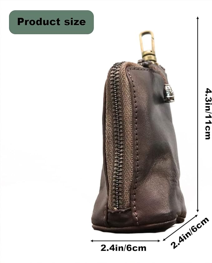 Medieval Leather Zipper Coin Pouch, Genuine Cowhide Handcrafted Coin Organizer Change Holder Keychain Coin Purse for Men & Women (Yellowish brown)