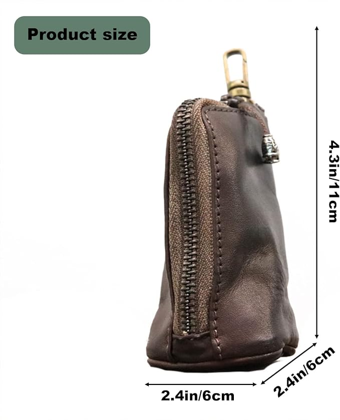 Medieval Leather Zipper Coin Pouch, Genuine Cowhide Handcrafted Coin Organizer Change Holder Keychain Coin Purse for Men & Women (Black)