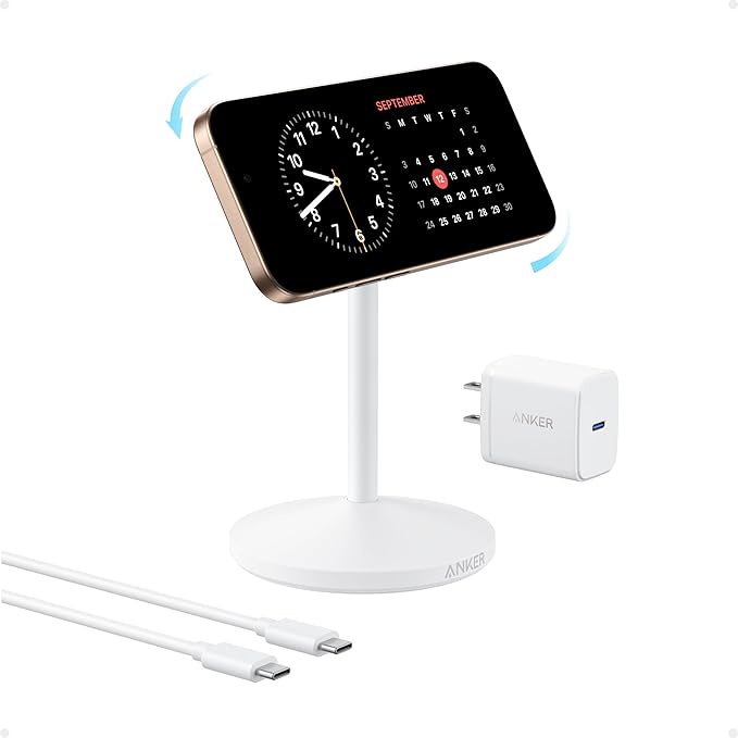 Anker MagGo iPhone 17 MagSafe Charger Compatible Stand, 15W Fast Magnetic Wireless Charging Station, Qi2 Certified 360° Wireless Charger (White, with Cable & Adapter)