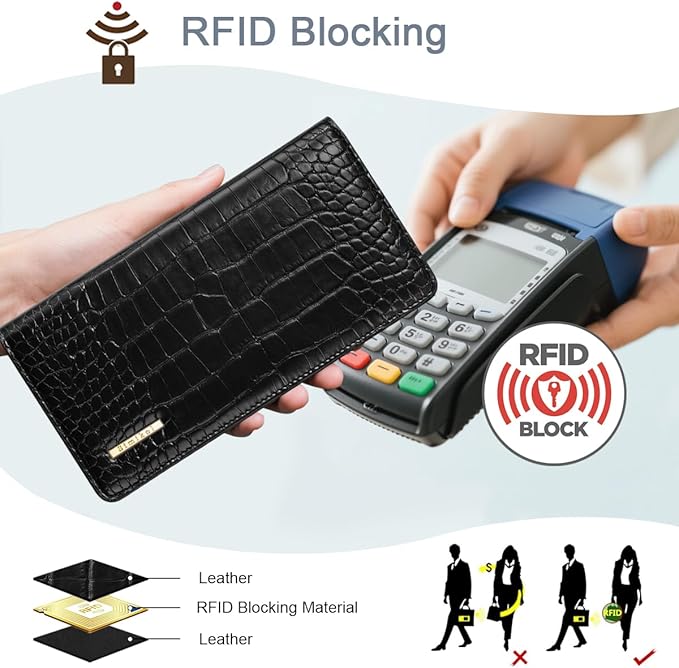Wallet Women Bifold Faux Crocodile Leather Minimalist Slim Thin Long Wallets RFID Blocking Credit Cards Holder Purse with Back Zipper Coin Pocket for Women and Men,Black