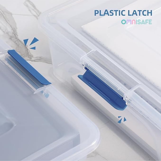Plastic Storage Bin with Lid, Stackable Design, Clip Box for Crafts, Supplies and Office Items Container (4 Pack 10 Quart Blue)