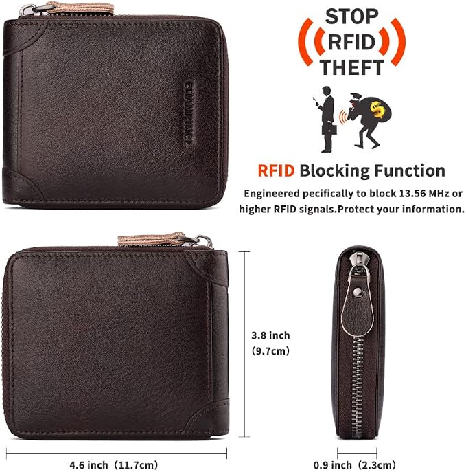 Mens Genuine Leather Zipper Wallet RFID Secure Large Capacity Double Fold Multi-card Leather Wallets for Men and coin purse