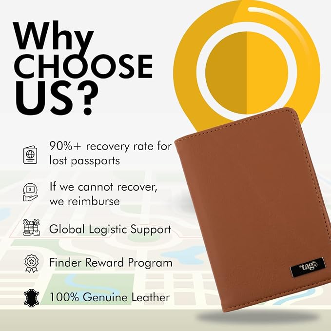 tag8 Passport Holder and Finder, Genuine Leather Passport Cover, RFID Blocking Technology to Shield Passport from Damage, Dual Passport Wallet Case for Cards and Documents