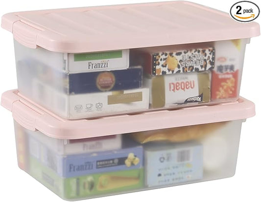 Wekioger Set of 2 Versatile Organizer Bins with Pink Lids, 14 Quart Plastic Latching Storage Box