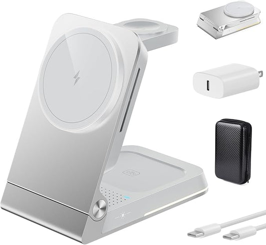 Foldable Wireless Charger 3 in 1 - Magnetic Wireless Charging Station for Apple Magsafe Charger Stand with Light,Aluminum Portable Travel Charger Dock for iPhone 17/16/15/14/13/12,Apple Watch,AirPods