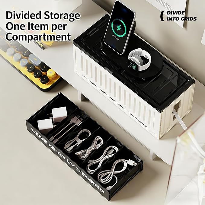 Cable Management Box with Shipping Container Design, Tall Cord Organizer for Desk and Floor, Large HIPS Wire Hider for Power Strip and Surge Protector, Black