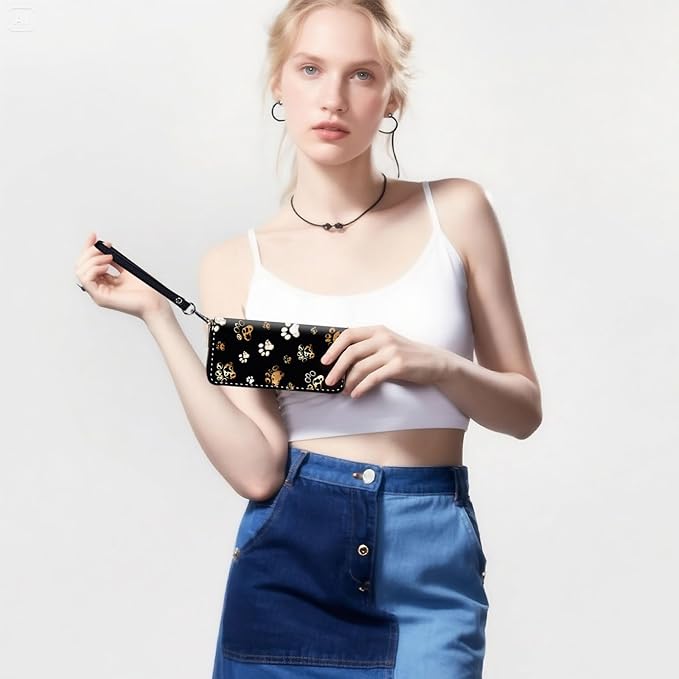 RFID-Blocking Zip Around Wallets for Women with Detachable Wrist Strap,Large Capacity Phone Holder with Card Organizer & Coin Pocket,Cute Dog Paw Prints
