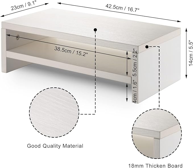 2 Tiers Monitor Stand 16.7??Computer Monitor Riser White, Wooden Monitor Riser for PC Screen/Printer Desktop Organization