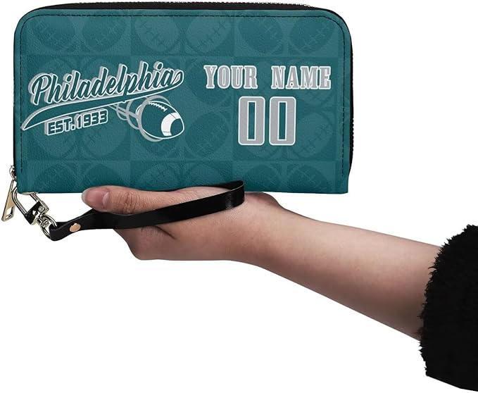 Custom Sports Team Zip Organizer Wallet-Personalized PU Leather Wallet with Name Number,Multi-Card Slots,Wrist Strap,Fan Gift for Men Women.