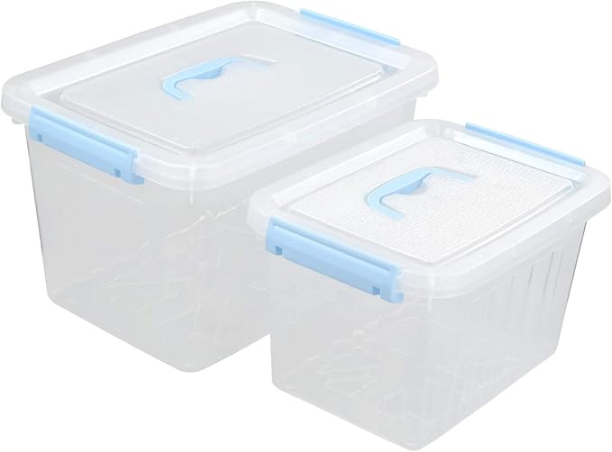 Hespama 2 Pack Lidded Storage Bin, Plastic Latching Container Box with Handle, 12 Quart & 6 Quart