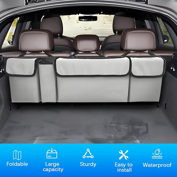 Car Trunk Organizer with Lid, Large Waterproof Vehicle Backseat Hanging Storage Bag with 4 Pockets & Adjustable Straps, Collapsible Automotive Interior Cargo Bag, Universal Fit (White/Grey)