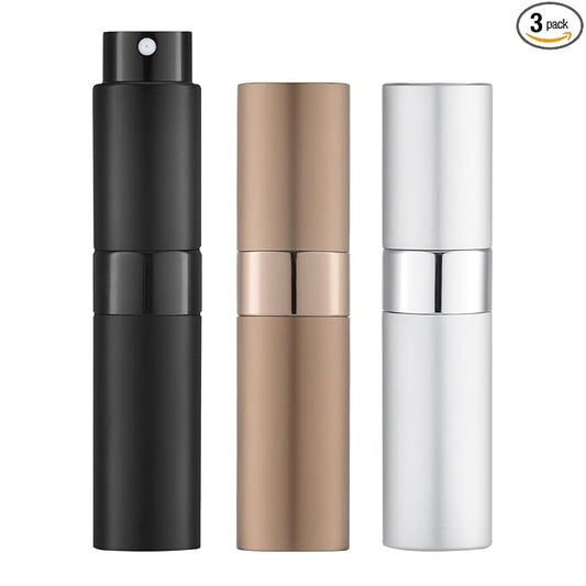 LISAPACK 8ML Atomizer Perfume Spray Bottle for Travel (3 PCS) Empty Cologne Dispenser, Portable Sprayer (Black, Silver, Brown)