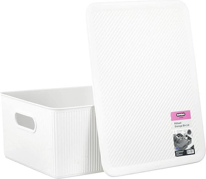 Superio Ribbed Collection - Decorative Plastic Basket Lidded Home Storage Bins Organizer, Large White (2 Pack - 15 Liter) Stackable Container Box, for Organizing Closet Storage Bins for Shelves