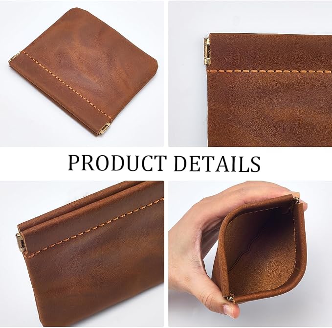 4.72 x 4.02 Inch Genuine Leather Small Makeup Cosmetic Bag for Purse Squeeze Coin Purse Pouch Crazy Horse Leather Self-Closing Pouchic Mini Snap Closure Organizer Pouch for Women Men(Brown)