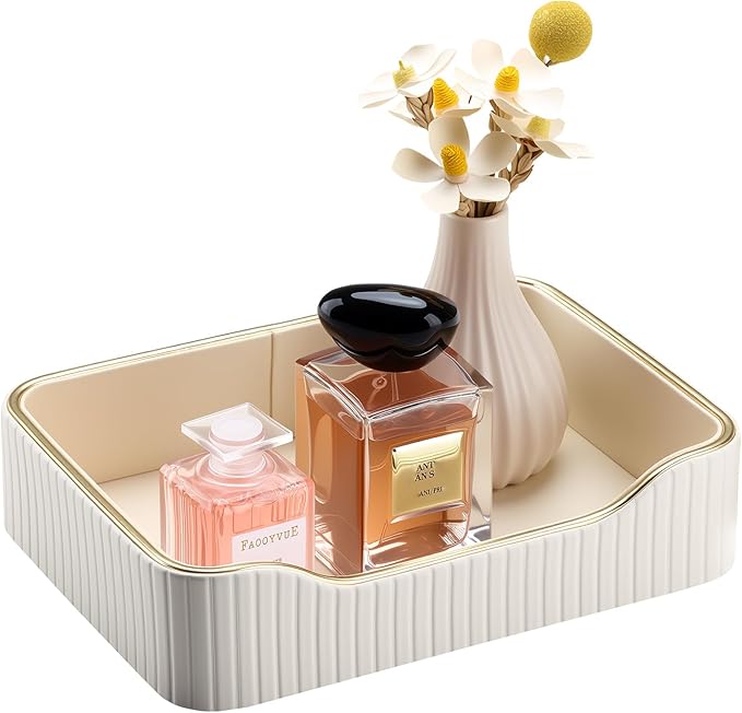KINGFOM Prefume Tray, PU Leather Valet Tray Nightstand Organizer Trays for Men Women, Table Centerpieces Decorative Vanity Trays, Desk Organizer Tray for Key Jewelry Cosmetics (Ivory White)
