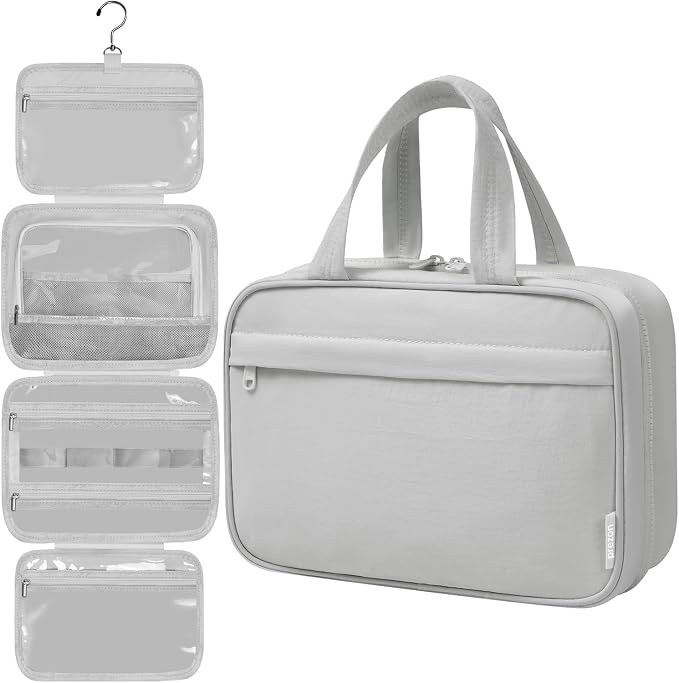 Toiletry Bag for Women, Portable Hanging Organizer, 4 Leakproof Compartments for Full-Sized Conditioners, Brush Sets, Makeup Accessories, Visible and Easy to Access, M, grey