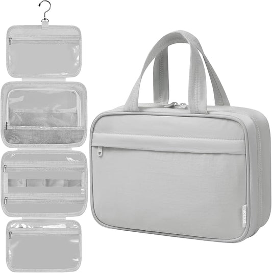 Toiletry Bag for Women, Portable Hanging Organizer, 4 Leakproof Compartments for Full-Sized Conditioners, Brush Sets, Makeup Accessories, Visible and Easy to Access, M, grey