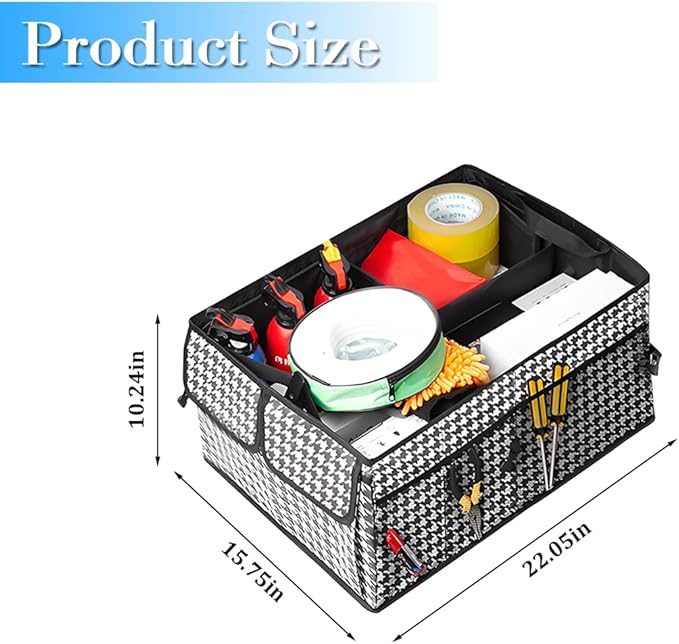Car Trunk Organizer, Collapsible Multi-Compartment Large Capacity Vehicle Storage Container, Foldable Adjustable Automotive Interior Organization Box, Universal Fit (Houndstooth)