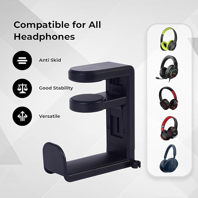 Headphone Stand for Desk - Clamp On Headset Holder with 360° Rotation & Cable Management - Universal Desktop Headphone Hanger Hook for All Headsets