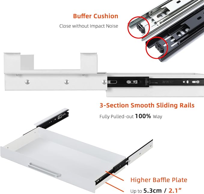 Under Desk Drawer White 21" with 4 Divider Trays, Under Shelf Pencil Drawer Pull-out, Standing Desk Metal Storage Attachment Slide Out for Workbench