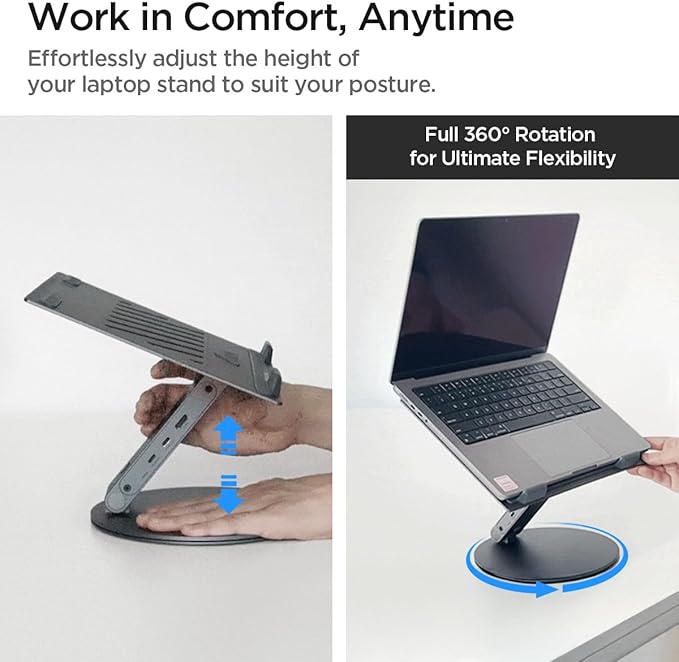 Spigen ArcDock Laptop Stand with 6 in 1 Hub USB-A 3.0, USB-C 3.0, PD 100W, 4K 60Hz HDMI Universal Adjustable Folding Laptop Dock with 360 Rotating Base - Space Grey
