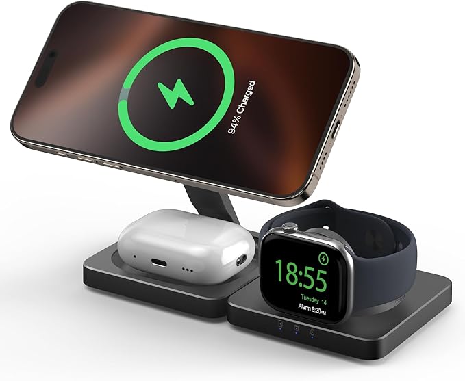 Traveling Magnetic Wireless Charging Station - ADADPU 3 in 1 Foldable Charger Stand for Apple Devices, Travel Charging Pad for iPhone 17 16 15 14 13 12 Pro Max Plus, for Apple Watch AirPods, Black