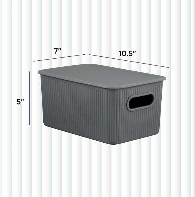 Decorative Plastic Basket Lidded Home Storage Bins Organizer Baskets, Medium Grey (1 Pack - 5 Liter) Stackable Container Box, for Organizing Closet Storage Bins for Shelves - Ribbed Collection