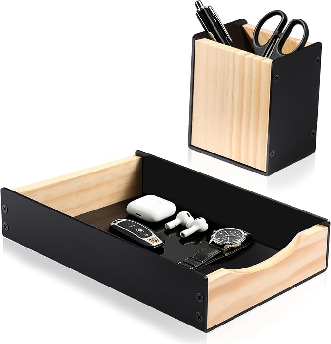 Desk Tray with Pen Holder Set, Acrylic & Wooden Desktop Organizer Multifunctional Home Office Workspace Accessories for Watch, Pens, Keys (Black)