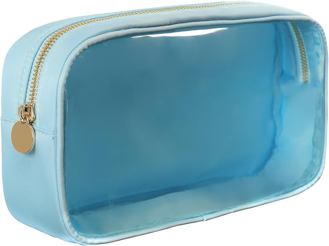 Travel Essentials Makeup Bag for Women Water-resistant Toiletry Organizer Nylon Cosmetic Pouch Preppy Stuff Clear (M,LightBlueClear)