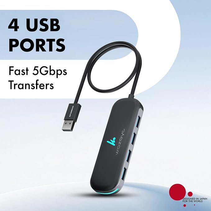 USB A to 4 Port Wozoyo USB 3.2 Hub, 4X USB 5Gbps, Data Transfer Speed Upto 5Gbps and 30cm Cable, Multiport USB Splitter for Laptop and Desktop, Plug and Play, Compact and Portable USB Expansion Hub