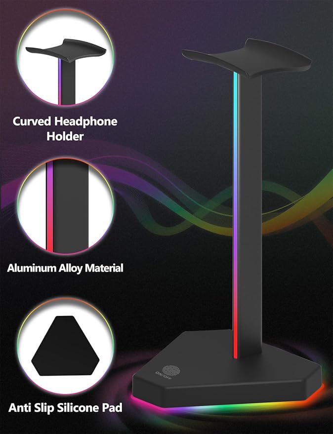 RGB Headphones Stand with 1 USB-C Data Transmission& 3 Type-C Charging Port, Desk Gaming Headset Holder with 7 Light Modes and Non-Slip Rubber Base (Black)