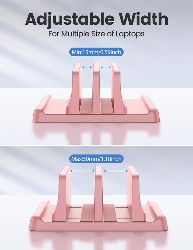 Vaydeer Vertical Laptop Stand for Desk, Dual Slots Plastic Laptop Holder with Space Saving 4-in-1 Design, Adjustable Laptop Stand Supports MacBook, Chromebook, Surface, Dell (Pink)