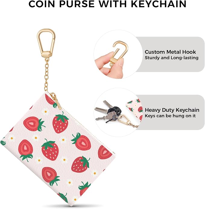 Strawberry Cute Keychain Coin Purse for Women, Small PU Leather Change Pouch, Zipper Little Tiny Travel Wallet for Girls, Cute Kawaii Zip Pocket Coin Holder with Key Ring