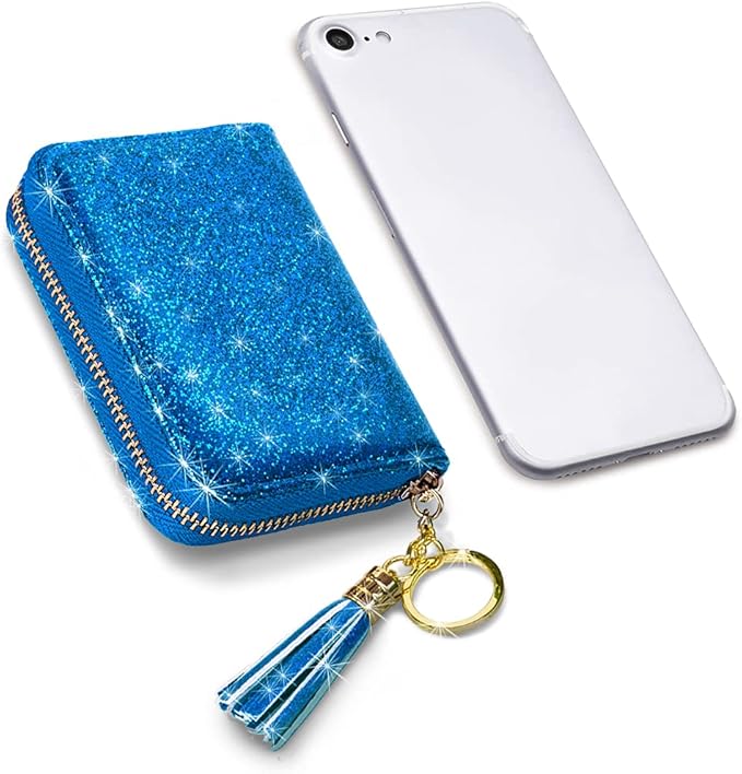 Coco Rossi Women's Small Credit Card Wallet RFID Cute Glitter Card Holder for Women, Navy Blue