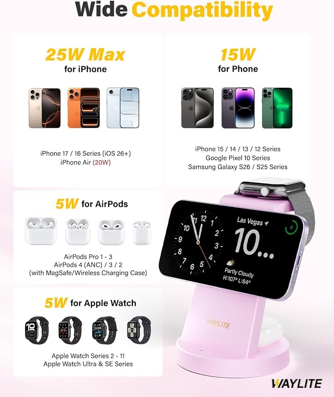 3 in 1 Fast Charging Station for iPhone, 25W Wireless Magnetic Phone Charger for iPhone 17 16e 16 15 14 13 12 Serise, Watch Charger Stand, Wireless Charging Station for AirPods 4 3 Pro, Pink