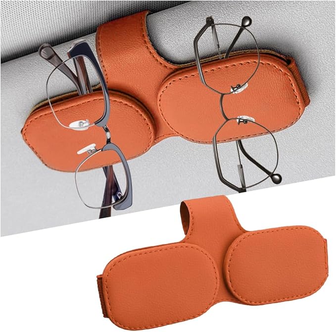 Sunglasses Holders for Car Visor, Magnetic Leather Vehicle Glasses Hanger with 2 Clips, Auto Interior Eyeglass Mount Organizer Accessories, Universal Fit(Orange)