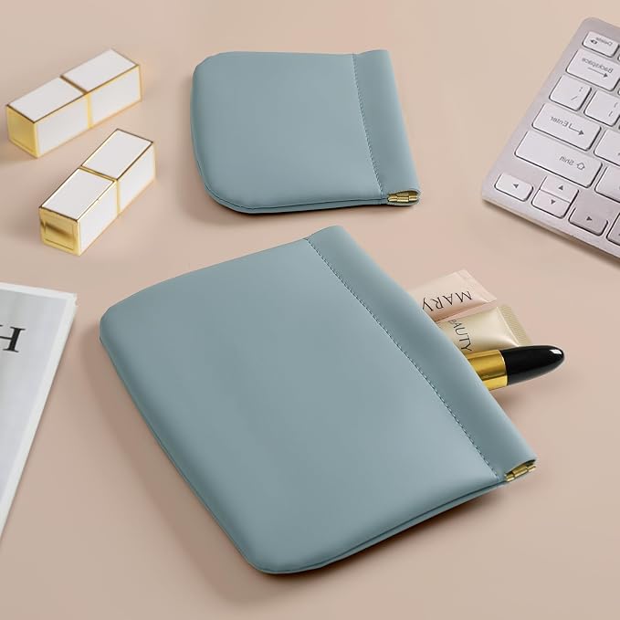 2 Pack Small Makeup Bag for Women, New Organosilicon Super Fiber PU Leather Mini Cosmetic Bag for Travel, Coin Purse Organizer Storage Pouch (No Phrase Printed, Blue)