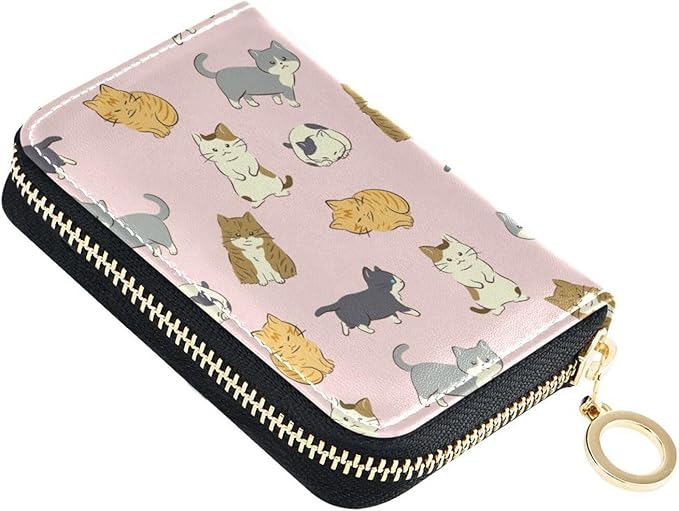 Cute Cat RFID Credit Card Holder Wallets Accordion for Women Leather Zipper Card Case Accordion Wallet for Ladies Girls