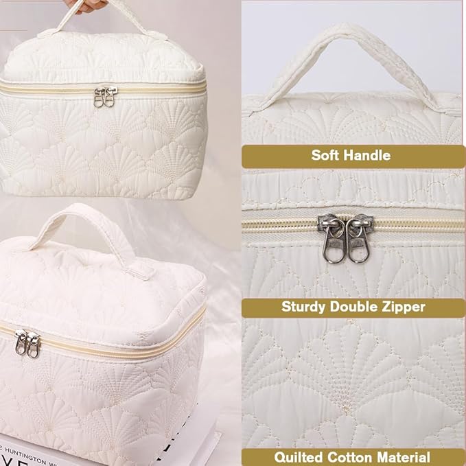 3 Pieces Quilted Cotton Makeup Bag,Large Capacity Cosmetic Organizer for Travel,Portable Cute Toiletry Pouch for Women,Makeup Artists,Organizing Enthusiasts,White Shell