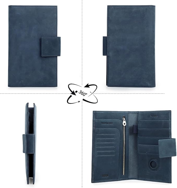 CONTACTS Full Grain Leather Family Passport Holder for 4 RFID Blocking Passport Wallet Compatible with Airtag Passport Cover with 4 Passport Slot, 6 Card Slot (Blue)