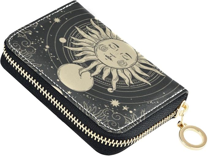 Boho Tarot Moon RFID Credit Card Holder Wallets Accordion for Women Leather Zipper Card Case Accordion Wallet for Ladies Girls